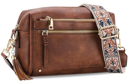 Kasgo Umhängetasche Damen, Mode Crossbody Bag Vegan Leder Handtasche Kleine Satchel für Frauen mit Verstellbarem Riemen Braun