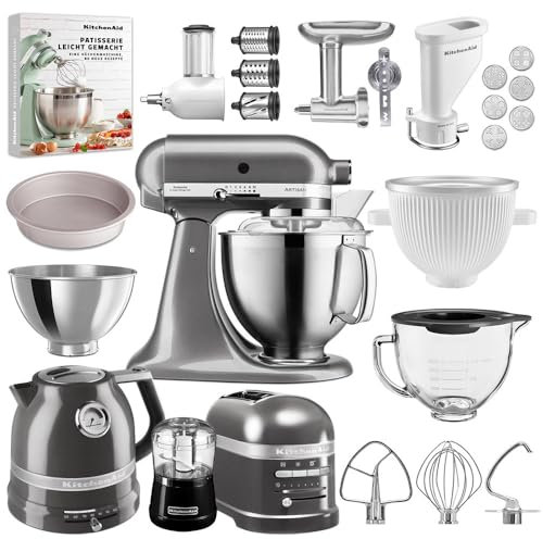 KitchenAid Küchenmaschinen-Set, Mixer, Wasserkocher, Toaster, Eismaschine, Backform, Pastapresse, Gemüseschneider, Fleischwolf, Glasschüssel mit Deckel, Mini-Zerkleinerer