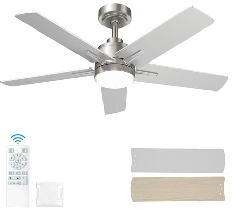 42 Inch Brushed Nickel Ceiling Fan with Light and Remote Control,Dimmable 3 Color Temperatures LED Ceiling Fan,6 Speeds Reversible DC Motor,5 Blades Modern Ceiling Fans for Indoor or Covered Outdoor