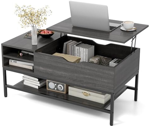 LIFEZEAL Ausziehbarer Couchtisch, Wohnzimmertisch mit verstecktem Fach, Kaffeetisch mit Höhenverstellbarer Platte, Multifunktionales Coffee Table für Wohnzimmer, Büro (Dunkelgrau)