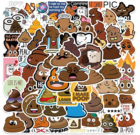 RAKKYO Lot de 50 autocollants amusants Kawaii Poop - Autocollants de dessin animé pour ordinateurs portables, skateboards, voitures, vélos et valises - Idéal pour les adolescents, les filles et les