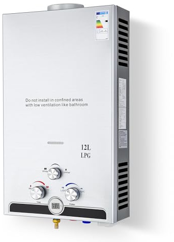 CO-Z Gas Water Heater 12L 20.4kW LPG Tankless with Winter & Summer Modes, Stainless Steel, LED Display, for Outdoor Camping, Trip [Energy Class A]