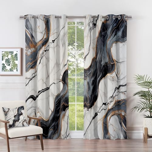 Vorhänge Marmor - Abstrakt Schwarz Weiß Gold Fenster Gardinen mit Ösen, Vorhang Blickdicht Verdunklungsvorhänge Thermovorhang für Wohnzimmer Schlafzimmer Deko 2er Set, H 200 x B 140 cm G#-249