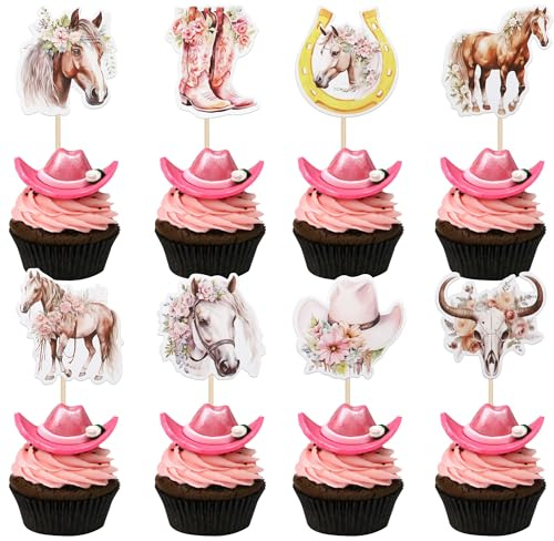 Xsstarmi 40 Pack Horse Cupcake Toppers Floral Horse Western Cowgirl Cupcake Picks Horseshoe Hat Boots Cowgirl Birthday Cake Decorations for Baby Shower Party Supplies