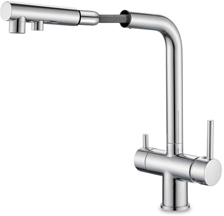 Zeffrary 3-Wege-Küchenarmatur, 360° drehbarer Wasserhahn, Mischbatterie für Spüle mit flexiblem Auslauf, Wasserhahn für Küchenspüle für kaltes und warmes Wasser und Filter