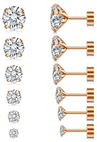 6 pezzi Orecchini perno Set 3-8mm Zirconia intarsiato Orecchini perno oro rosa, 20G chirurgico in acciaio medico Stud orecchini cartilagine per le donne e gli uomini gioielli piercing multipli
