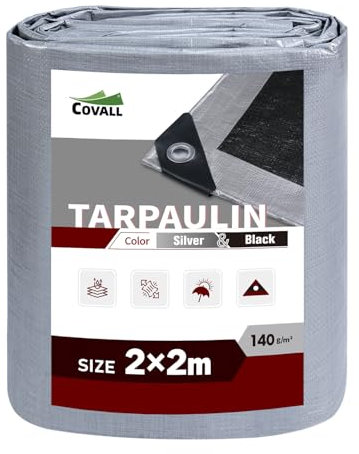 Covall Tarpaulin waterproof Heavy Duty Tarp Groundsheet 2x2m Sheet Cover with eyelets 140g/m² Silver/Black Multipurpose for roof pool cars truck Rv champing tent building garden pet shed Tarp