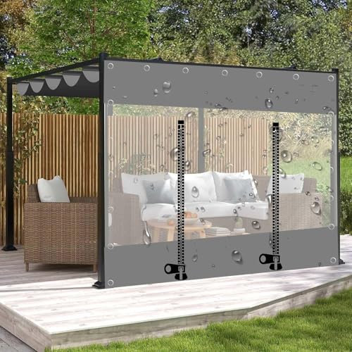 Wasserdichte transparente Planenvorhänge mit Reißverschluss-Tür, graue, transparente Seitenteile, 0,3 mm, PVC, wetterfeste Abdeckfolie für Garten, Pergola, Terrasse, Pavillon, 3,8 x 2,2 m