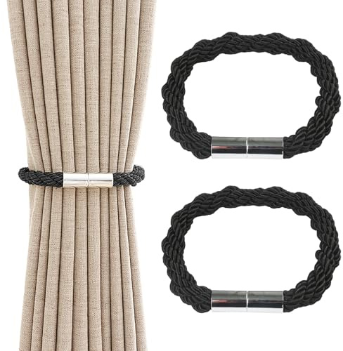 Keratobleem 2 Stück Magnetische Vorhang Raffhalter,Schwarz Raffhalter für Vorhänge,Vorhang Clips Seil Rückwärtige Vorhang Halter Schnallen für Zuhause Schlafzimmer Büro Dekorativer Vorhang