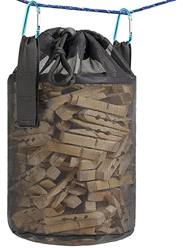 KOOZTI Mesh Clothespin Bag Holder Outside, Multiple Hanging Methods Clothes Pin Bag with Drawstring Closure, Ventilation and Moisture Resistance, Large-Capacity Clothespin Storage Organizer with Hooks
