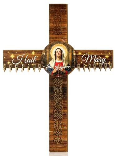 Yaomiao Wooden Rosary Holder Wall Mounted with 14 Hangers Catholic Cross Rosary Storage Organizer Decorative Hanger Holder for Necklace Bracelet Prayer Storage 16 x 12 Inch