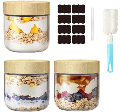 3-Pack 350ml Glass Mason Jars with Screw Lids - Leakproof Overnight Oats Containers, Wide-Mouth Salad & Yogurt Pots for Snacks, Cereals, Coffee, Spices,Pickling & Meal Prep(Airtight Food Storage Jars)