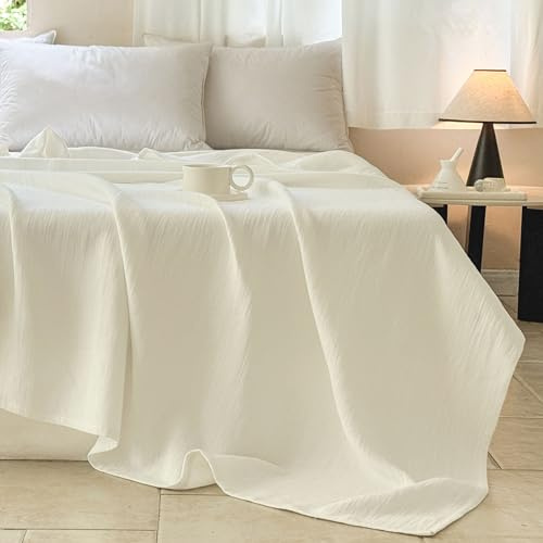 Simple&Opulence Linen Cotton Blanket with Double Layered Folded Edge for Couch/Bed/Sofa/Gift, Natural Flax Solid Color Soft Breathable Cozy Farmhouse Home Décor - White, 90x90