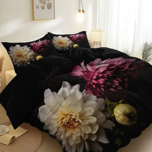Reversible Comfort Duvet Cover Set Super King – Dark Floral Elements Chrysanthemum Printed Quilt Cover, Soft Easy Care Microfiber Bedding Set Machine Wash for Kids Adults Teens, Black