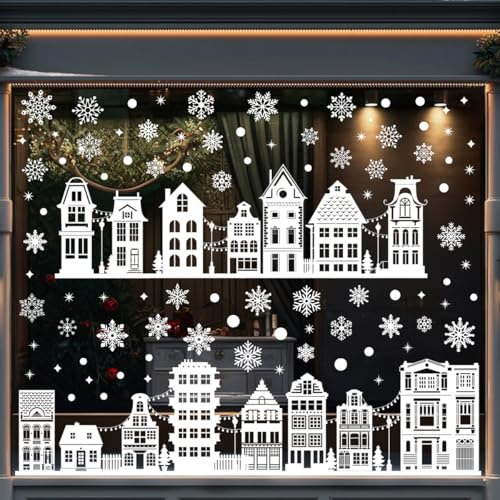 Fensterbilder Weihnachten, Weiß Weihnachten Fenster Dekoration Fenstersticker Doppelseitige Statisch Aufkleber Selbstklebend Fensteraufkleber ür Weihnachten Dekoration (Weißes Haus)