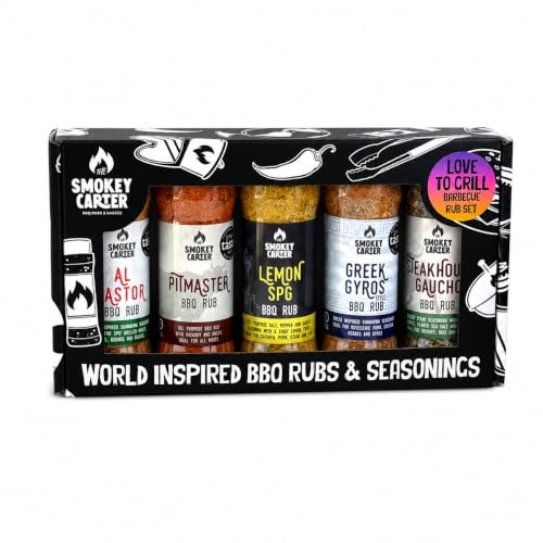 Smokey Carter Love to Grill BBQ Rub Gift Set - 5 x 100g Seasoning Shakers | Pitmaster Barbecue Rub, Greek Gyros Souvlaki, Steakhouse Gaucho Seasoning, Lemon SPG (Salt, Pepper, Garlic), Al Pastor