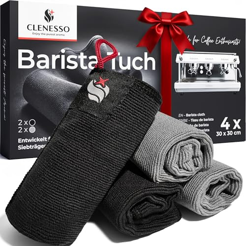CLENESSO® Barista Tuch Set (4st.) – Extra hochwertige Tücher für Siebträger & Haushalt – mit praktischer Schlaufe & Griff-Tasche – super saugstark & fusselfrei – Profi Zubehör für Siebträgermaschinen