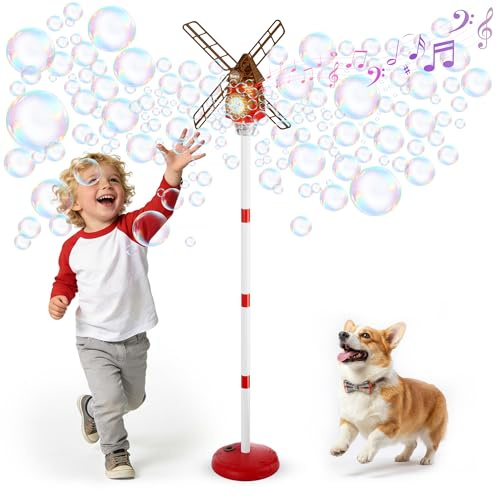 Belemar Windmühle Seifenblasenmaschine, Stehende Seifenblasenmaschine mit Licht & Musik, bis 1,3 m höhenverstellbar, Automatisches Seifenblasenspielzeug für Kinder, Geburtstag, Party, Garten & Outdoor