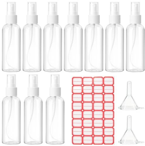 vonsera 10 Stück 100ml Sprühflasche Klein zum Befüllen mit 2 Trichtern und 30 Etiketten, Plastik Pumpflasche Wassersprühflasche Reisesprühflasche für Parfüm, Öle und Kosmetik