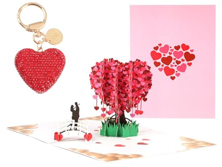 3D Pop Up Liebesbaum Hochzeitskarte und Herz Schlüsselanhänger, Geburtstagskarte Liebe, Karte Hochzeitstag, Glitzer Auto-Schlüsselanhänger für Damen, Geschenk für Hochzeit Jahrestag Valentinstag