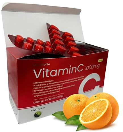 Vitamina C 1000mg Alto Dosaggio - 200 Compresse Vegane (Scorta 6+ Mesi) - Acido Ascorbico Puro - Supporto Sistema Immunitario e Antiossidante - Certificato GMP, Senza Glutine