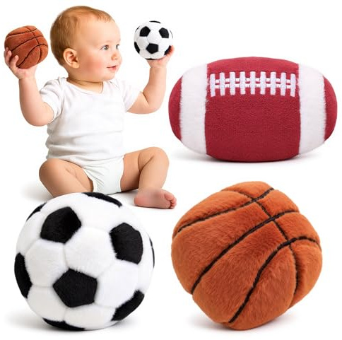 Baby Ball Toys 0-6 Months, Newborn Plush Rattle 3pcs Football Basketball Soccer Sports Set-Sensory Toys with Rattles for 0 3 6 9 12 Months Infant Boys Girls Birthday or Shower Gifts