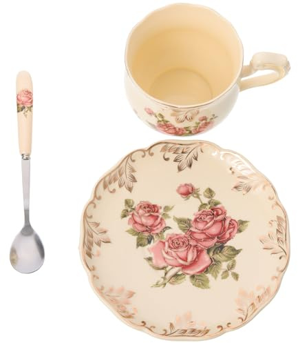 ANDRESLAD Juego de Tazas de Café de Cerámica Vintage Estilo Europeo 3 Piezas Platillo y Cuchara Tazas de Té Decorativas Agua Creativa para Uso en Festival y Oficina