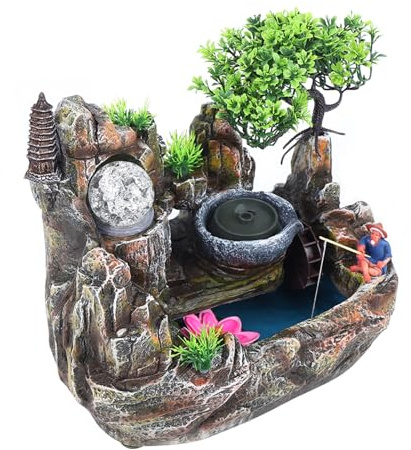 Zimmerbrunnen Wasserfall, Desktop Brunnen mit LED Beleuchtung und Zerstäuber, Indoor Tischbrunnen, Zimmerbrunnen mit Pflanzen, Zimmer brunnen für Wohnzimmer Schreibtisch Dekoration