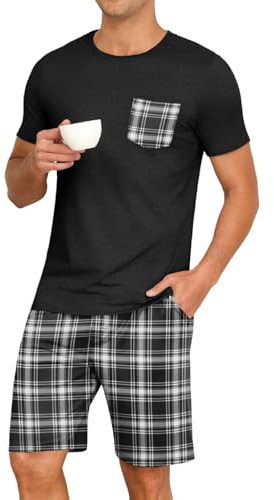 PrinStory Pigiama da uomo corto con scollo rotondo, maglietta a maniche corte e pantaloni corti, L