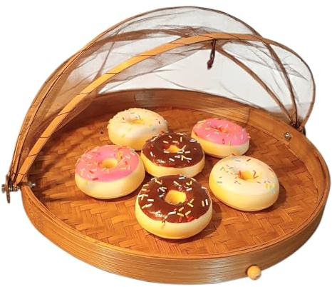 Générique Cloche à Fromage, Fruits 25 cm en Bambou, Garde Manger Artisanal Rond,Cloche Alimentaire Anti Insectes, Filet Marron,séchoir en Bois