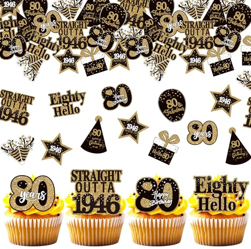 Xsstarmi 63 Pack 80th Birthday Edible Cupcake Toppers Rice Paper Straight Outta 1946 Made In 80 Hello Cupcake Picks for Cheers to 80 Years Birthday Party Cake Decorations Supplies