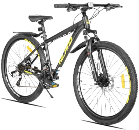 HILAND Bedrock VTT 27,5 Pouces Mixte, 24 Vitesses, Freins à Disque Hydrauliques, Cadre en Aluminium, Fourche Suspendue, Vélo Tout Terrain Homme Femme, Noir et Jaune