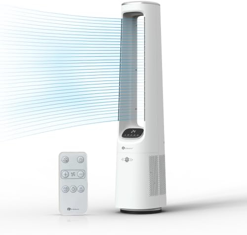PureMate Bladeless Tower Fan with DC Motor – Ultra Quiet portable 40 Standing Air Circulator, 12 Speeds, Remote Control, Digital Display, 12H Timer, Sleep Mode, 60° Oscillation, Silent Cooling Fan