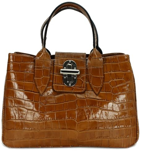 Belli Echt Leder Handtasche italienische Damen Ledertasche Umhängetasche Henkeltasche in cognac lack kroko - 36x25x18 cm (B x H x T)