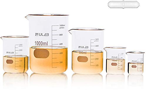 ULAB Scientific Glass Beaker Set with Magnetic Stir Bar Offered, 5 Sizes 50ml 100ml 250ml 500ml 1000ml, 3.3 Boro Griffin Low Form with Printed Graduation, UBG1002