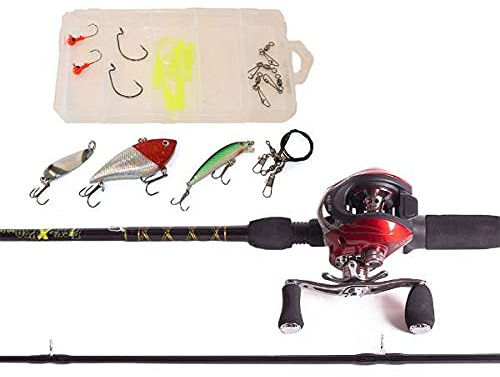 FISH-XPRO Baitcasting Combo Set - 1,95 m lange Rute mit Baitcasting Rolle für Raubfischangeln - Ideal für Hecht, Zander, Barsch - Komplettes Set mit Zubehör für Anfänger