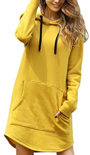 Zltang Mujer Sudaderas Largas con Capucha Vestido de Sudadera Oversize Otoño Invierno Color Sólido Dobladillo Irregular Suelto Hoodie Largo Amarillo M