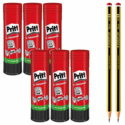 Pritt Klebestift, sicherer und kinderfreundlicher Kleber für Kunst und Bastelarbeiten, starker Klebstoff für Schule & Bürobedarf, Spar-Set mit 6x 22 g Pritt Stift und 2x Bleistifte HB, 9HPKS22P2X