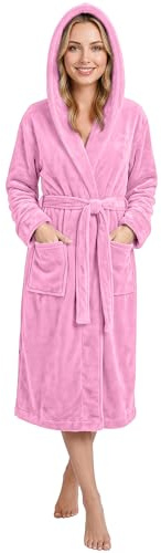 NY Threads Luxury Ladies Hooded Dressing Gown Super Soft Fleece Women's Robe Comfortable Loungewear and Nightwear, Pink, X-Large