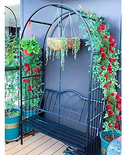 SSHHM Gartenbogen,Laube mit Bank, Robustes Metall,Dekorativer 2-Sitzer-Gartenstuhl,Rosenbogen im EuropäIschen Stil im Freien/Schwarz / 210×114×52cm