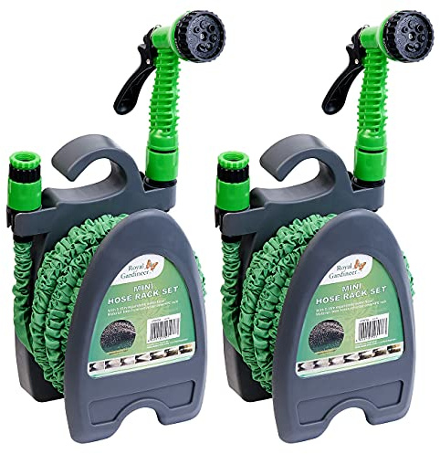Royal Gardineer Leichter Schlauch: 2er-Set Dehnbare Gartenschläuche mit Brause und Wandhalter, 5-15 m (Schlauch Komplett-Sets, Wasserschlauch Komplettset, Spray)