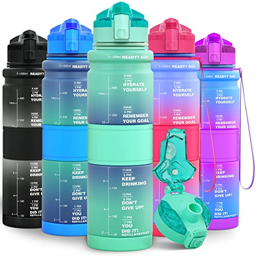 Lunidry Botella de Agua Niños Sin BPA Tritan Plástico, 500ml/1L Reutilizable Motivacional Botella Agua Deporte con Marcador de Tiempo & Filtro de Frutas para Colegio, Deportiva, Bicicleta, Gimnasio