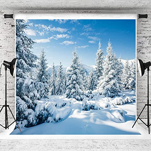 AIIKES 10x10FT Schneelandschaft Hintergrund Winter Wald Schnee Baum Fotografie Hintergrund Outdoor Himmel Winter Schneefeld Landschaft Schneebedeckte Kiefern Fotostudio Requisiten 12-346