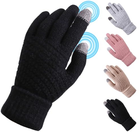 JFAN handskar dam pekskärm varma vinterhandskar stickade lämpliga för skidåkning utomhus och kontor 4 par, Svart + grå + rosa + beige, En Storlek