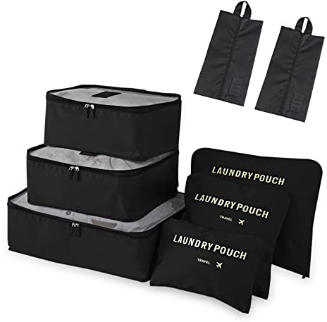 Newaner Koffer Organizer 8 Stück, packing cubes Multifunktionale, Schwarz | eise Kleidertaschen Wasserdichte, Packwürfel für Urlaub, Mit Schuhbeutel, packtaschen, für Kleidung Schuhe Kosmetik