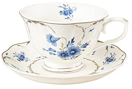 fanquare Blue Tea Cup and Saucer Set for 1, Floral Coffee Cup with Plate Set, English Porcelain Tea Cup, 7.4oz