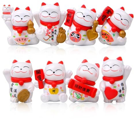 HERCHR 8 Stück Mini Maneki Neko Glückskatzenfiguren, Japanische Glückskatzenfiguren Winkende, Lucky Wealth Begrüßungskatze, Winkekatze Glückskatze Glücksbringer Keramik Winkende Katze Winkekatze