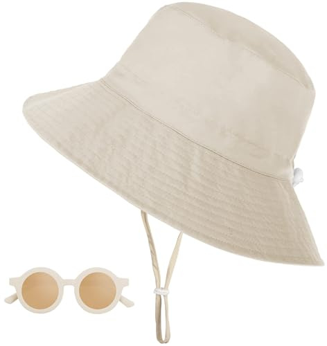 Sonnenhut Kinder, UV-Schutz UPF 50+ Breiter Krempe Sonnenschutz Fischerhut Bbay mit Sonnenbrille, Atmungsaktiv Bucket Hat mit Verstellbarem Kinnriemen, Strandhut für Mädchen, 2-6 Jahre