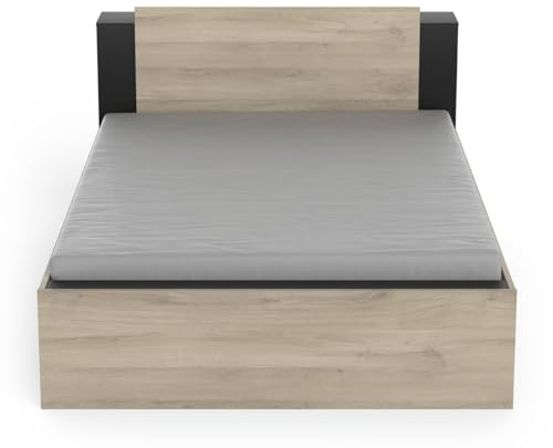 Demeyere Letto 140 x 190/200 con Contenitore Industriale 2 Cassetti 2 Nicchie, Colore Nero Opaco e Rovere Chiaro, 144.7 x 227 x 87.7 cm