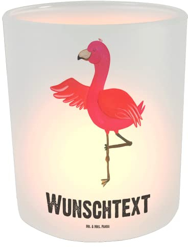 Mr. & Mrs. Panda Windlicht mit Namen Flamingo Yoga - Personalisierte Geschenke, Kerzenglas personalisiert, Achtsamkeit, Laterne, Vogel, Yogi, Meditieren, Name, Teelichthalter, Personalisiertes